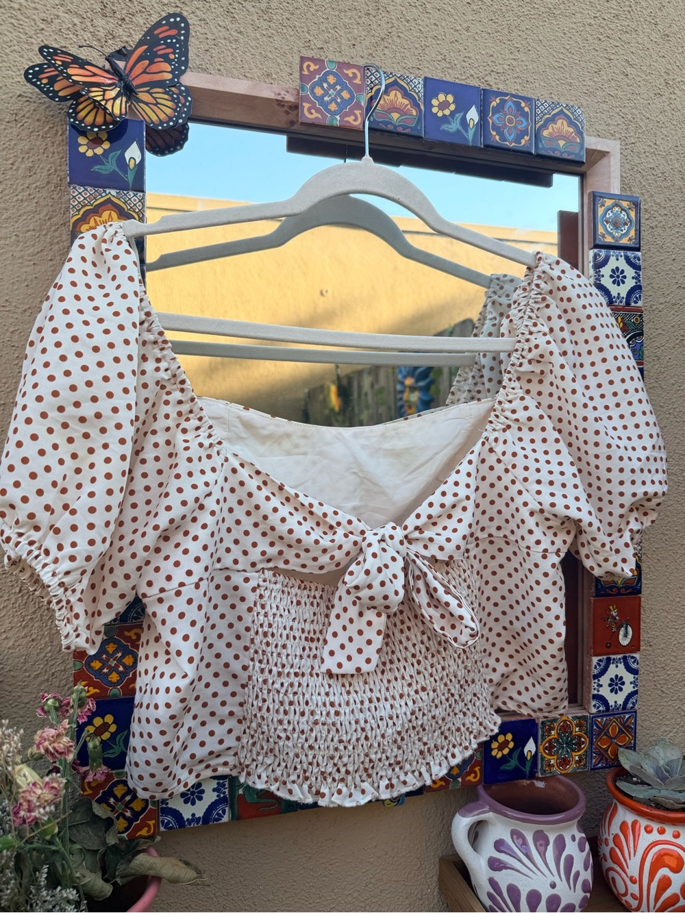 miami Cream Polka Dot Tie-Front Puff Sleeve Crop Top